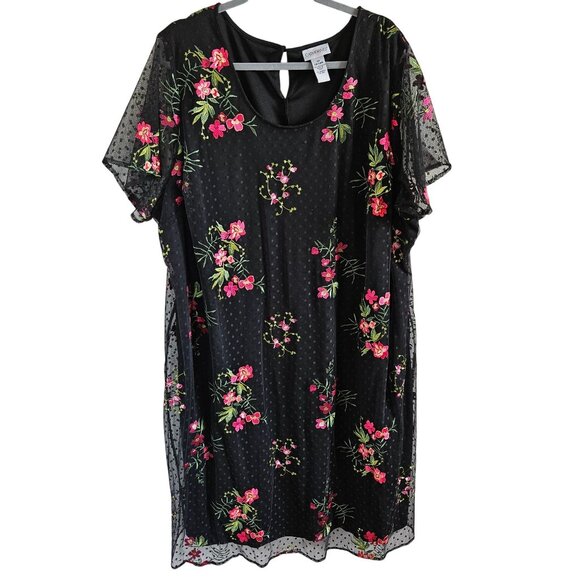 Catherines Woman SZ 3X Shift Dress Layered Sheer Embroidered Over Black Romantic